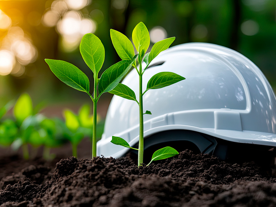 Elmetto di Sicurezza Bianco sulla terra accanto a un Germoglio Verde