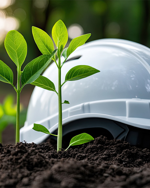 Elmetto di Sicurezza sulla Terra Accanto a un Germoglio Verde